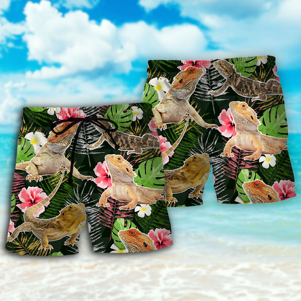 Bearded Dragon Tropical Leaf Lover Beach Shorts Design View For Summer Events And Coastal Getaways