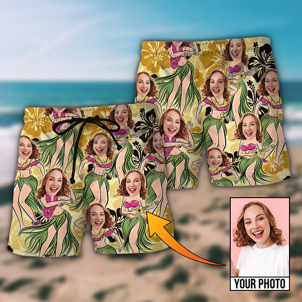 Woman Face Aloha Tropical Personalized Photo Beach Shorts Design Detail For Weekend Getaways And Beach Days