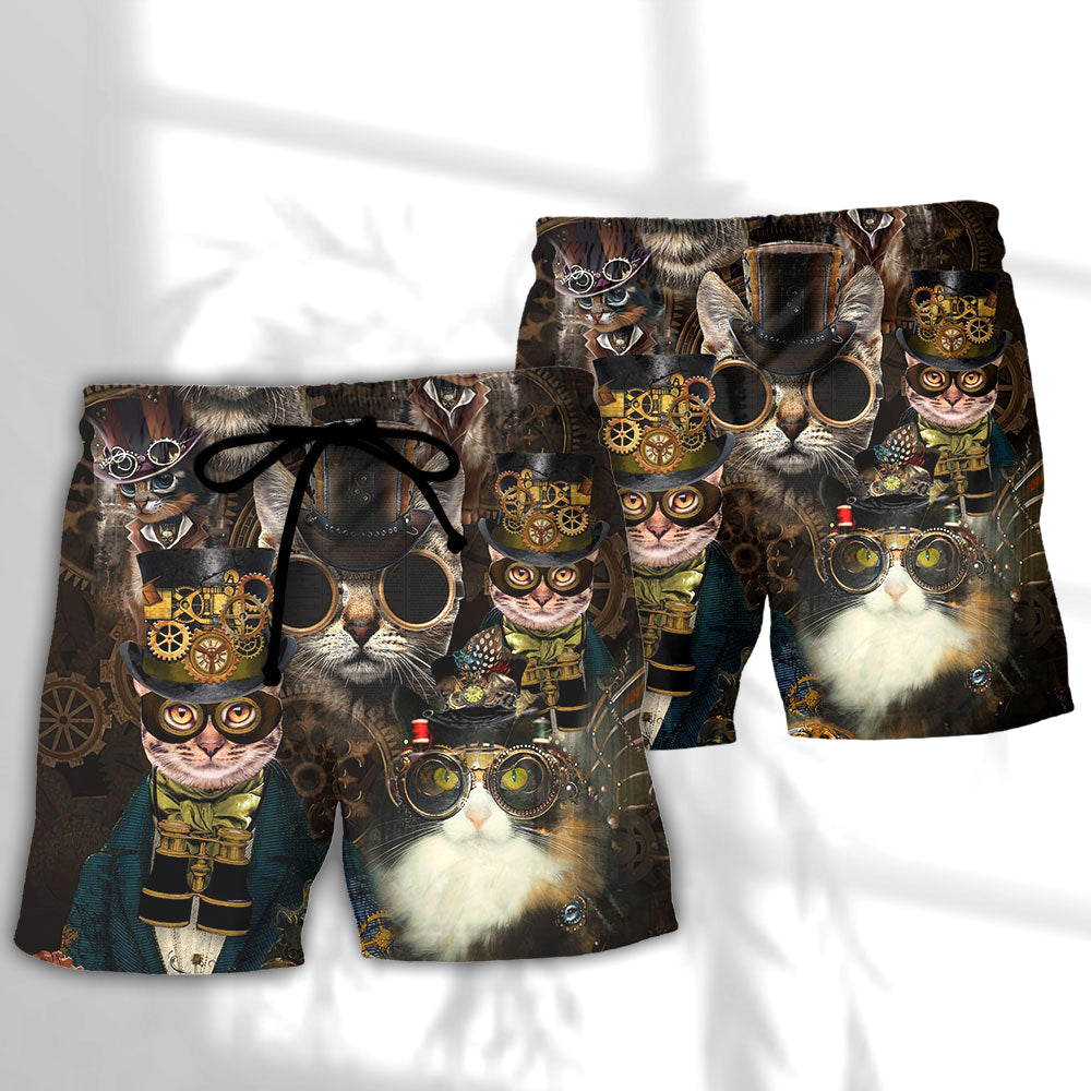 Steampunk Cat Machine Fantasy Beach Shorts Artwork Detail For Tropical Travel And Everyday Wear