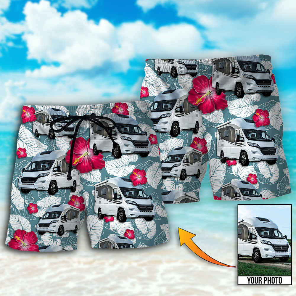 RV Camper Tropical Floral Personalized Photo Beach Shorts Graphic Detail For Resort Trips And Casual Outings