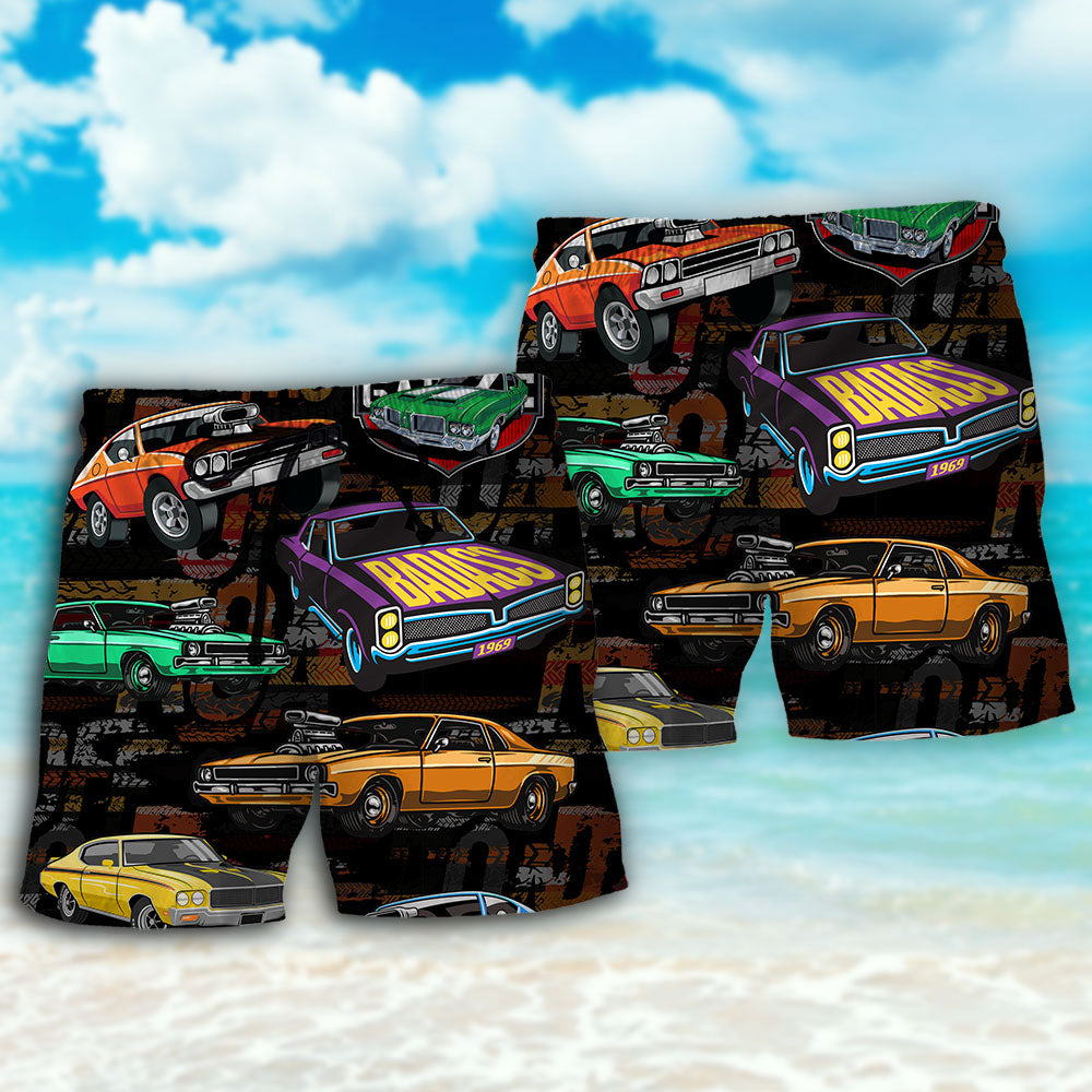 Muscle Car Racing Speed Beach Shorts Artwork Detail For Tropical Travel And Everyday Wear