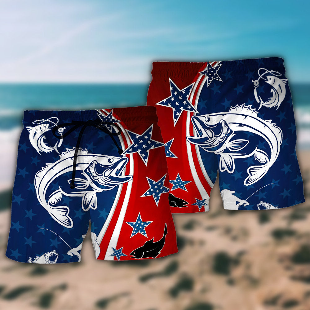 Fishing USA Independence Day Star Beach Shorts Design View For Comfortable Resort And Beach Styling