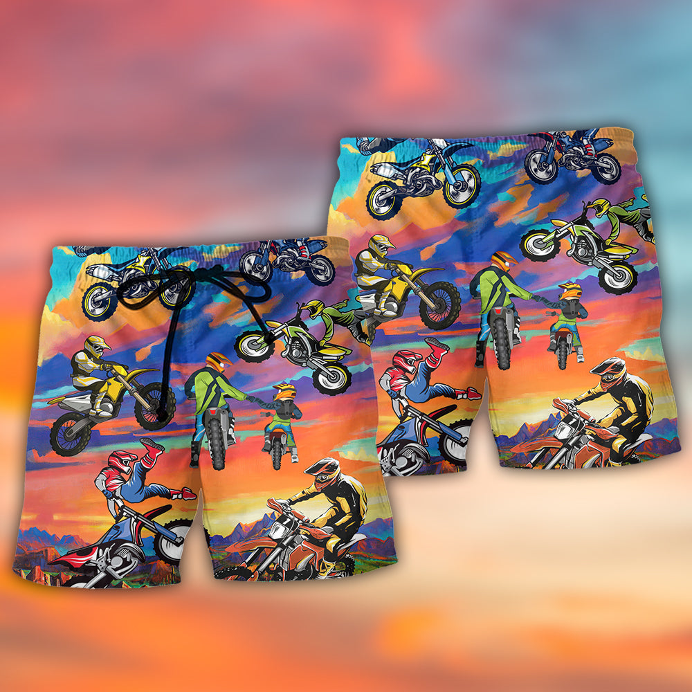 Motocross Biker Motorcycle Dynamic Beach Shorts Design Detail For Casual Warm Weather Outfits