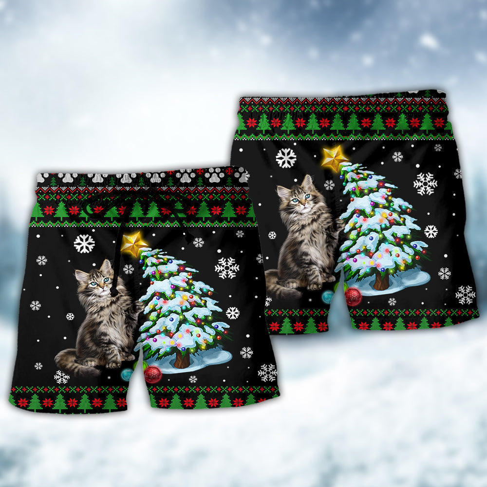 Funny Cat Wrecking Tree Christmas Beach Shorts Print View For Coastal Escapes And Casual Outings
