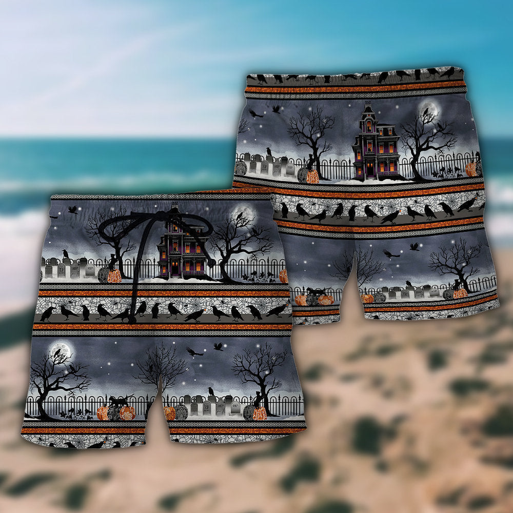 Scared Spooky Night Border Halloween Beach Shorts Pattern Detail For Outdoor Activities And Leisure And Relaxation