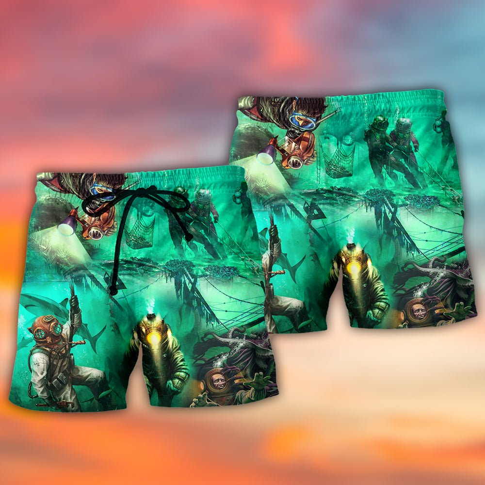 Sea Monster Diving Fantasy Beach Shorts Pattern Detail For Casual Outings And Memorable Gift Ideas