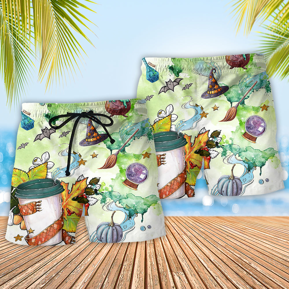 Halloween Witch Needs Coffee Beach Shorts Design View For Poolside Relaxation And Holiday Trips