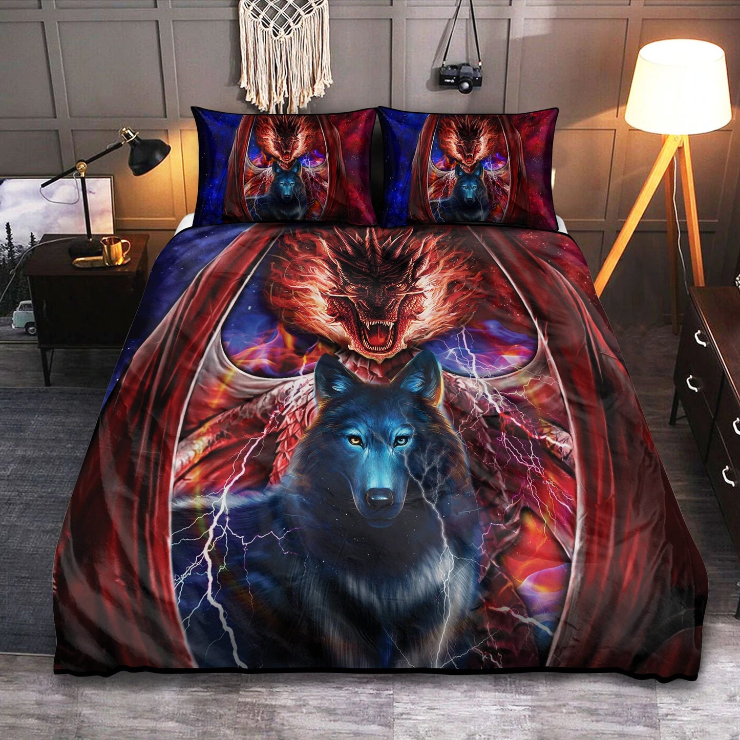 Wolf And Dragon Combat Bedding Cover For Fantasy Bedroom Decor