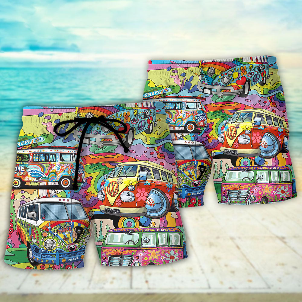 Hippie Van Colorful Peace Beach Shorts Artwork Detail For Tropical Travel And Everyday Wear