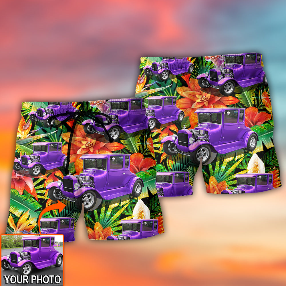Antique Car Tropical Floral Personalized Photo Beach Shorts For Resort Travel And Thoughtful Summer Gifting