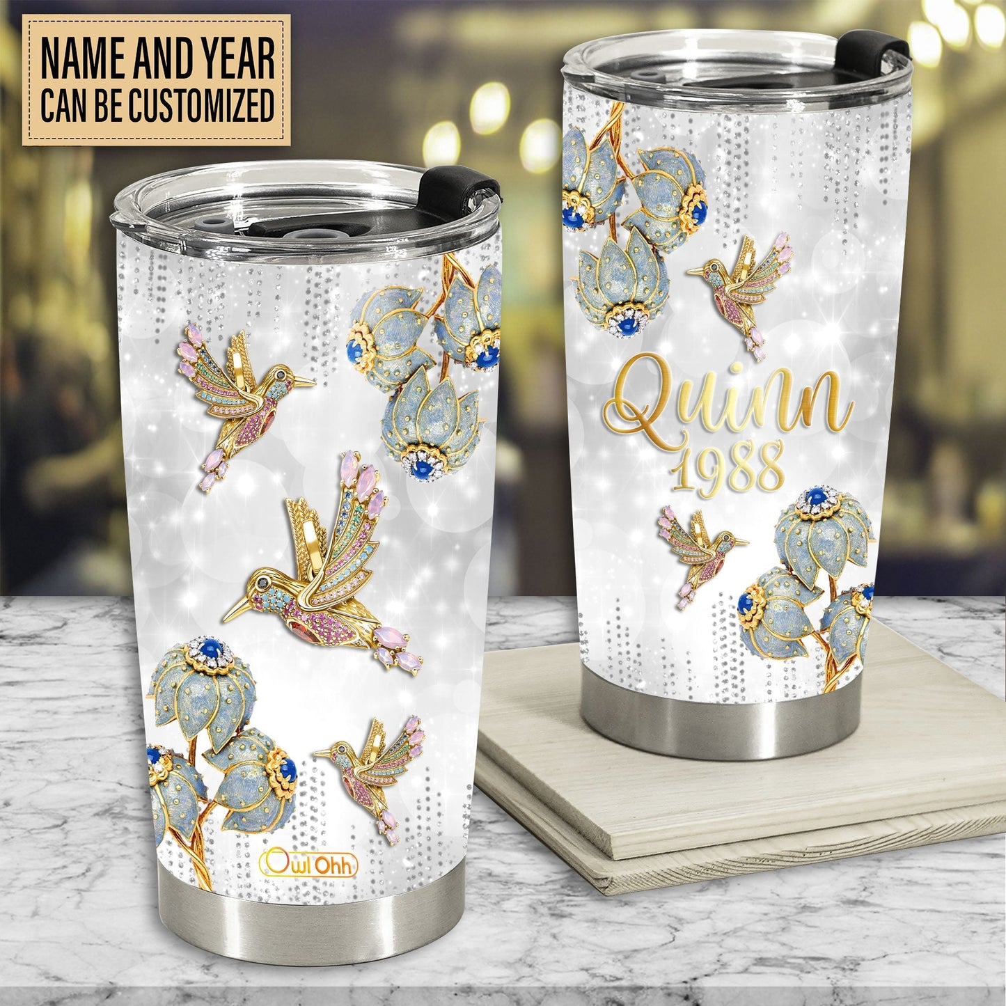 Hummingbird Jewelry Golden Personalized 20 Oz Tumbler For Coffee Travel And Daily Drinks