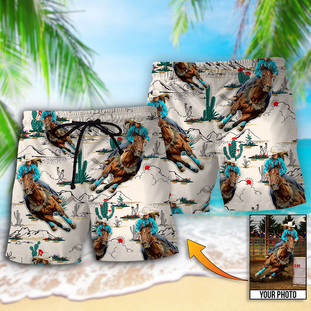 Cowboy Barrel Racing Desert Personalized Photo Beach Shorts Graphic Detail For Resort Trips And Casual Outings