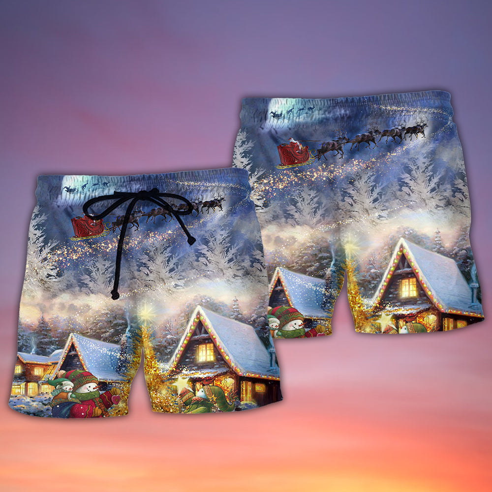 Santa Reindeer Snowman Family Love Lights Beach Shorts Design View For Comfortable Resort And Beach Styling