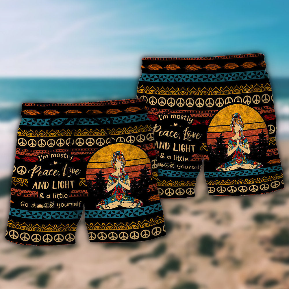 Peace Love Light Empowered Yoga Beach Shorts Pattern Detail For Sunny Outdoor Activities