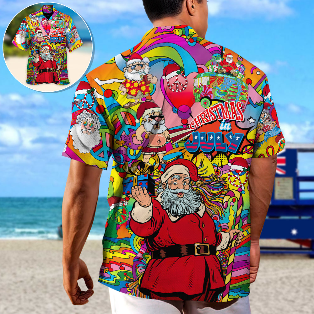 Summer Christmas July Santa Hippie Hawaiian Shirt For Winter Celebrations, Beach Travel, And Relaxed Holiday Wear