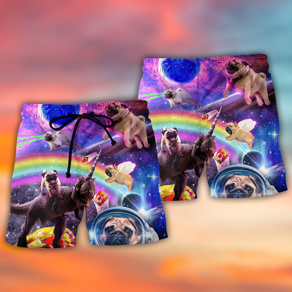 Pug Galaxy Rainbow Fantasy Beach Shorts Pattern Detail For Cruise Vacations And Lightweight Summer Style