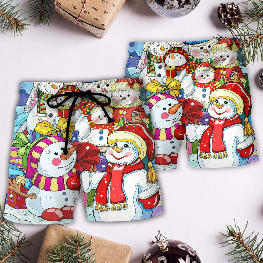 Christmas Snowman Beach Shorts Pattern Detail For Casual Outings And Leisure And Relaxation