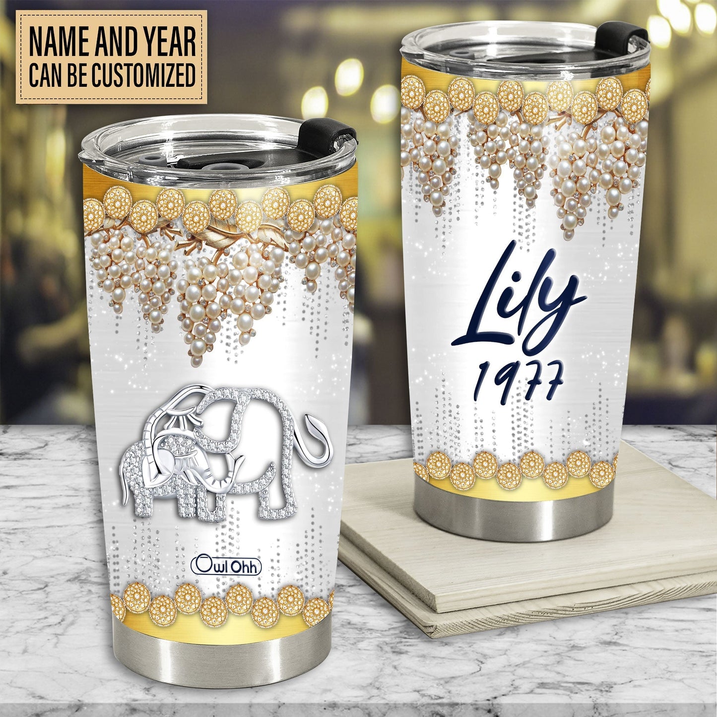 Elephant Mommy And Baby Jewelry Golden Personalized 20 Oz Tumbler For Coffee Travel And Daily Drinks