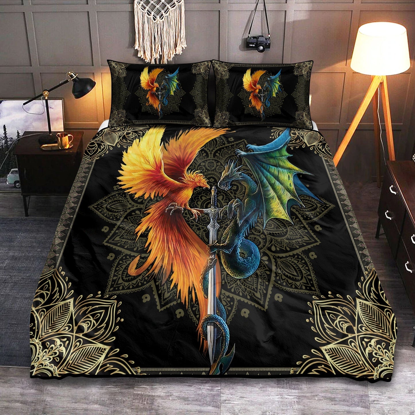 Dragon Phoenix Sword Bedding Cover For Fantasy Bedroom Decor