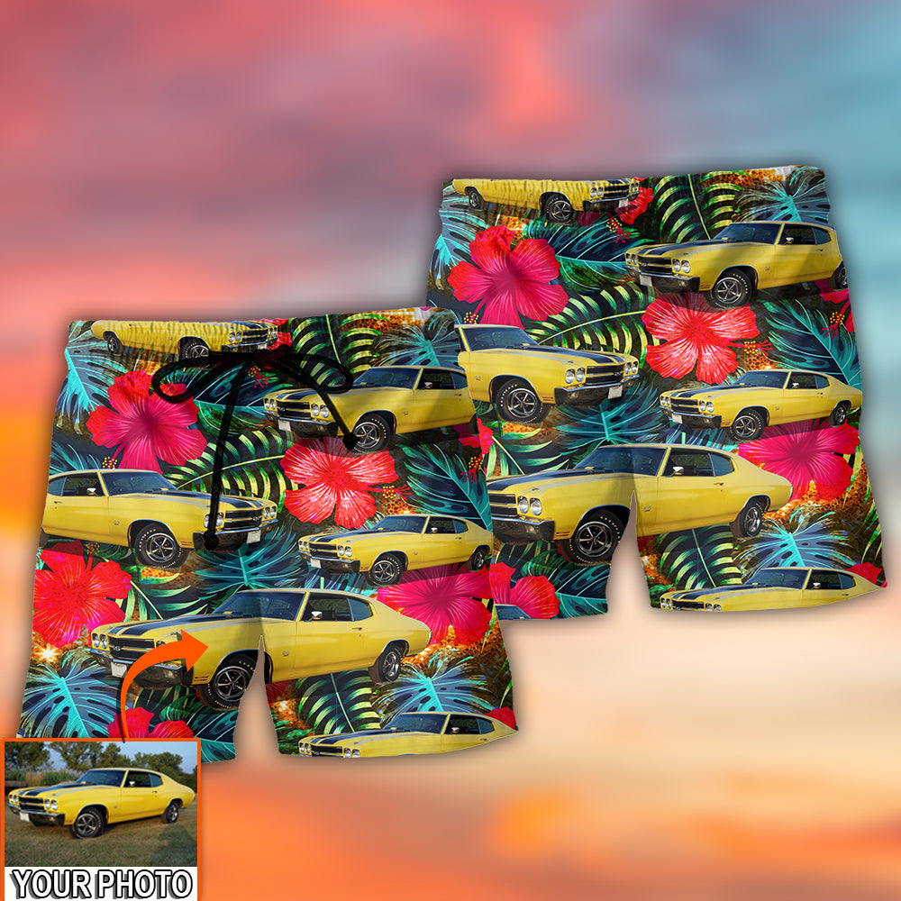 Classic Muscle Car Cool Tropical Personalized Photo Beach Shorts Graphic Detail For Resort Trips And Casual Outings