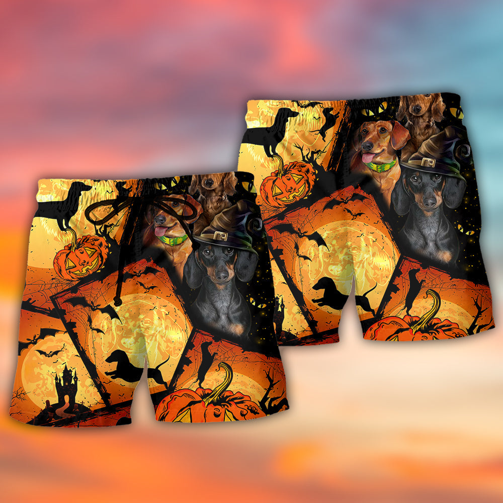 Halloween Dachshund Pumpkin Scary Hawaiian Print Beach Shorts For Fantasy Fan Beach Days
