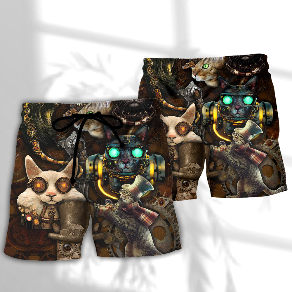 Steampunk Cat Heart Fantasy Beach Shorts Pattern Detail For Sunny Outdoor Activities
