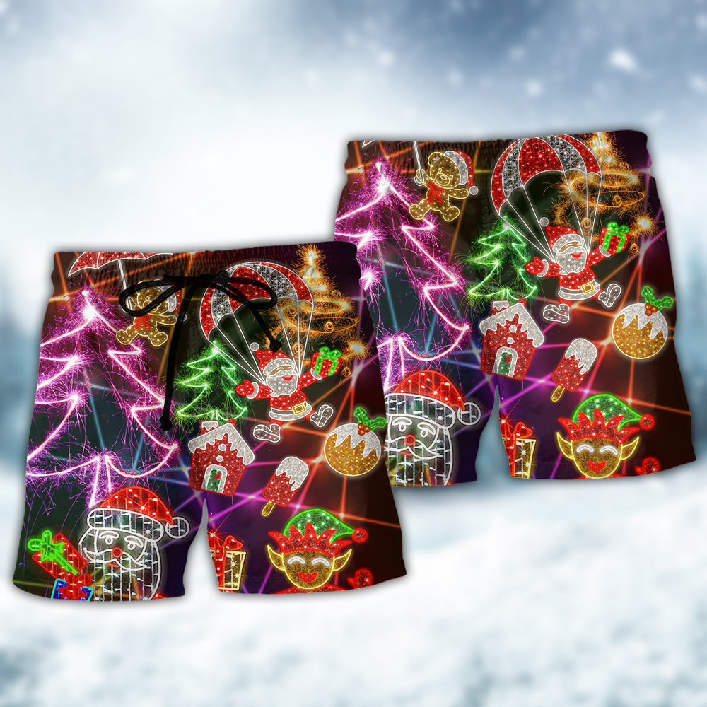 Funny Santa Elf Gingerbread Neon Beach Shorts Pattern View For Vacation Travel And Outdoor Fun