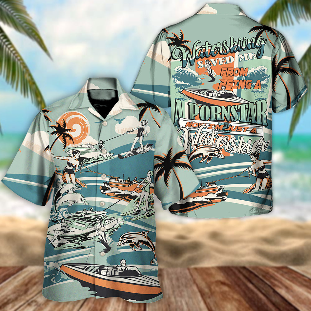 Funny Vintage Waterskiing Waterskier Hawaiian Shirt For Poolside Relaxation And Sunny Getaways