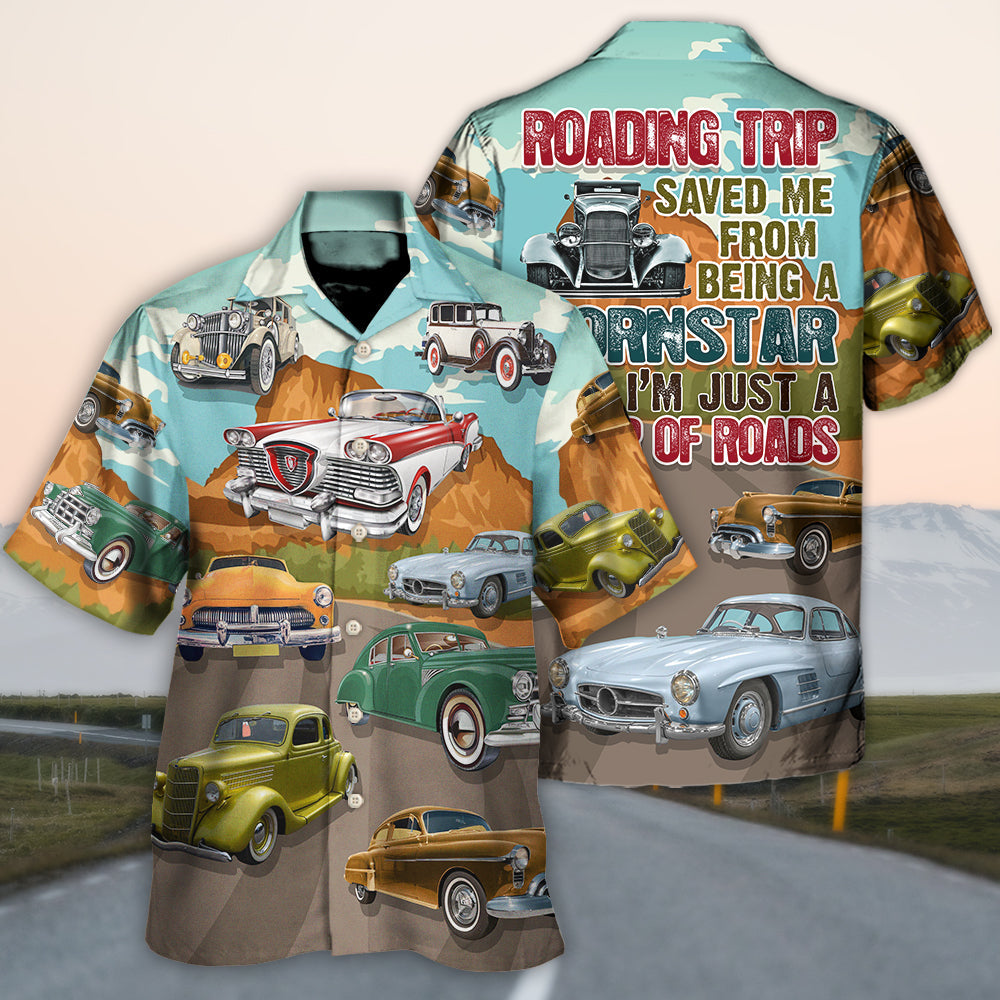 Classic Vintage Car Road Tripping Highway Hawaiian Shirt Artwork View For Coastal Escapes And Resort Style