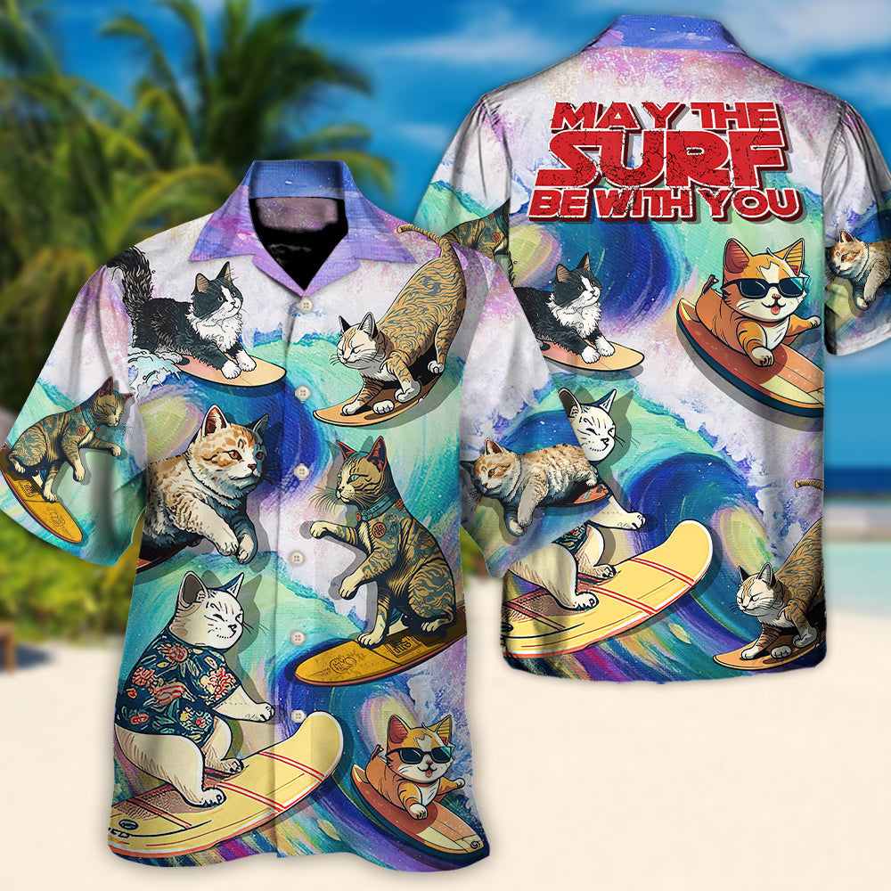 Funny Surfing Cat Surf Hawaiian Shirt Button Front Artwork For Thoughtful Gifting