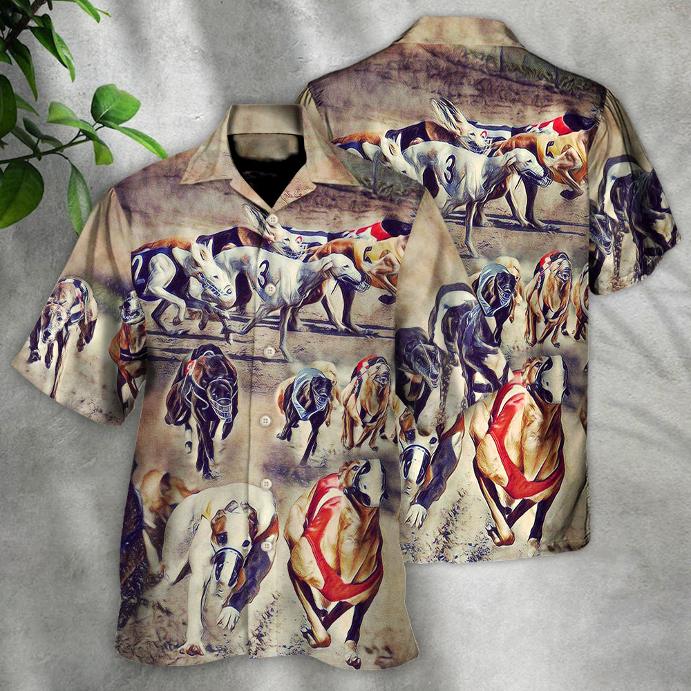 Vintage Dog Racing Greyhound Hawaiian Shirt Summer Design Detail For Warm Weather Events