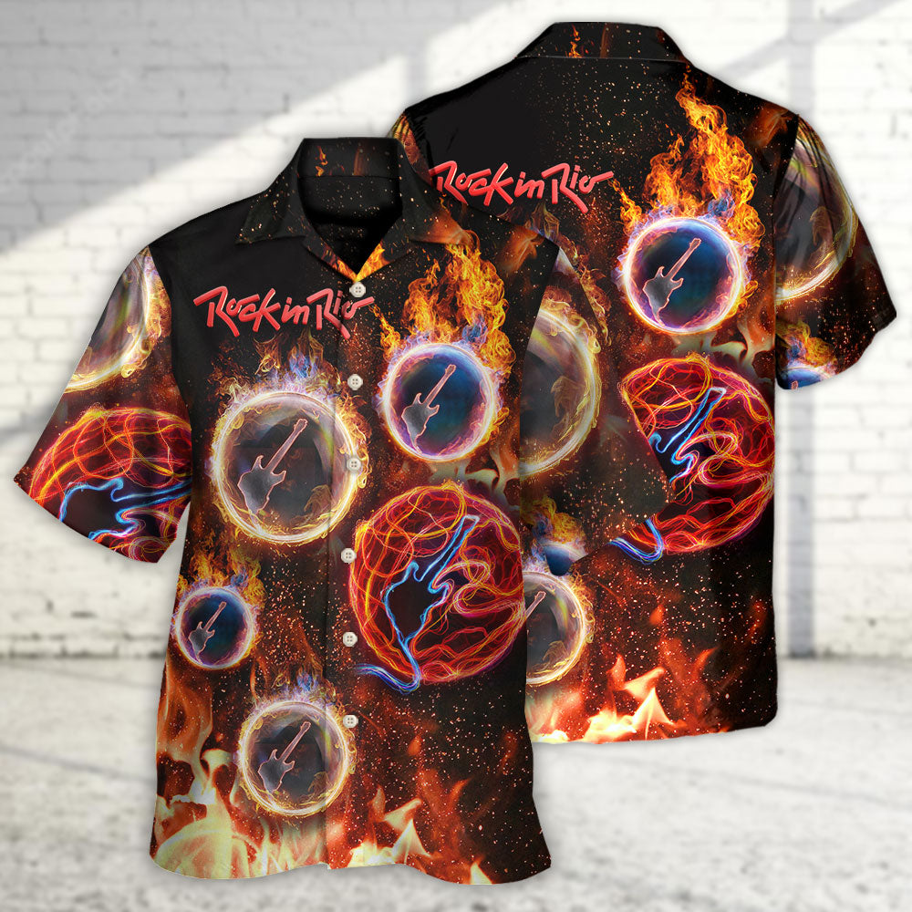 Rock Music Fire Hawaiian Shirt Tropical Styling View For Island Holidays