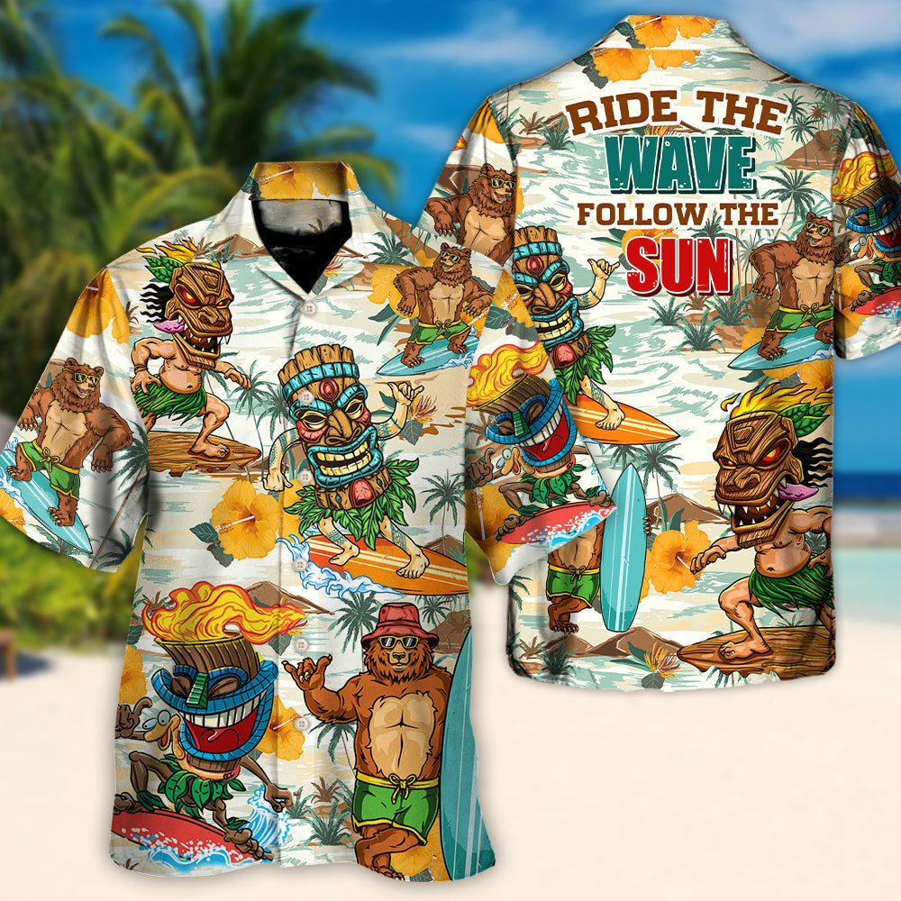 Funny Surfing Bear Hawaiian Shirt Creative Print View For Tropical Vacations