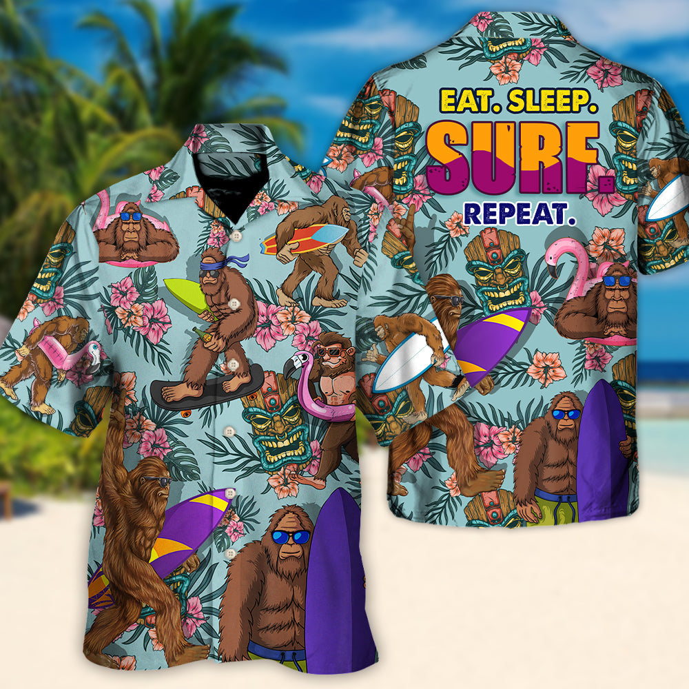 Funny Surfing Bigfoot Surf Hawaiian Shirt Front Pattern View For Beach Days
