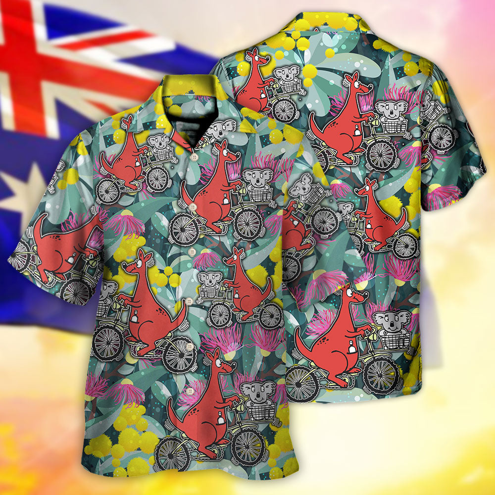 Kangaroo Koala Cycling Hawaiian Shirt Button Front Artwork For Beach Days