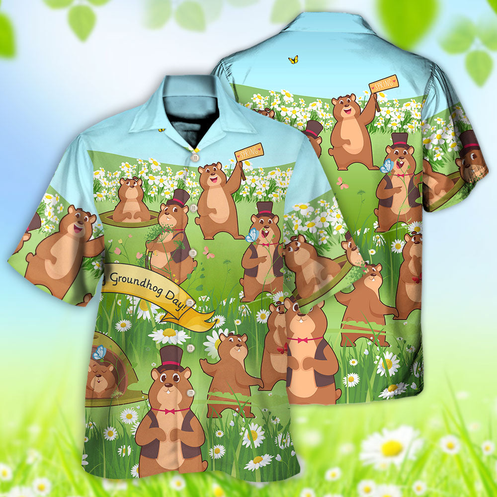 Floral Groundhog Grass Hawaiian Shirt Button Front Artwork For Island Holidays