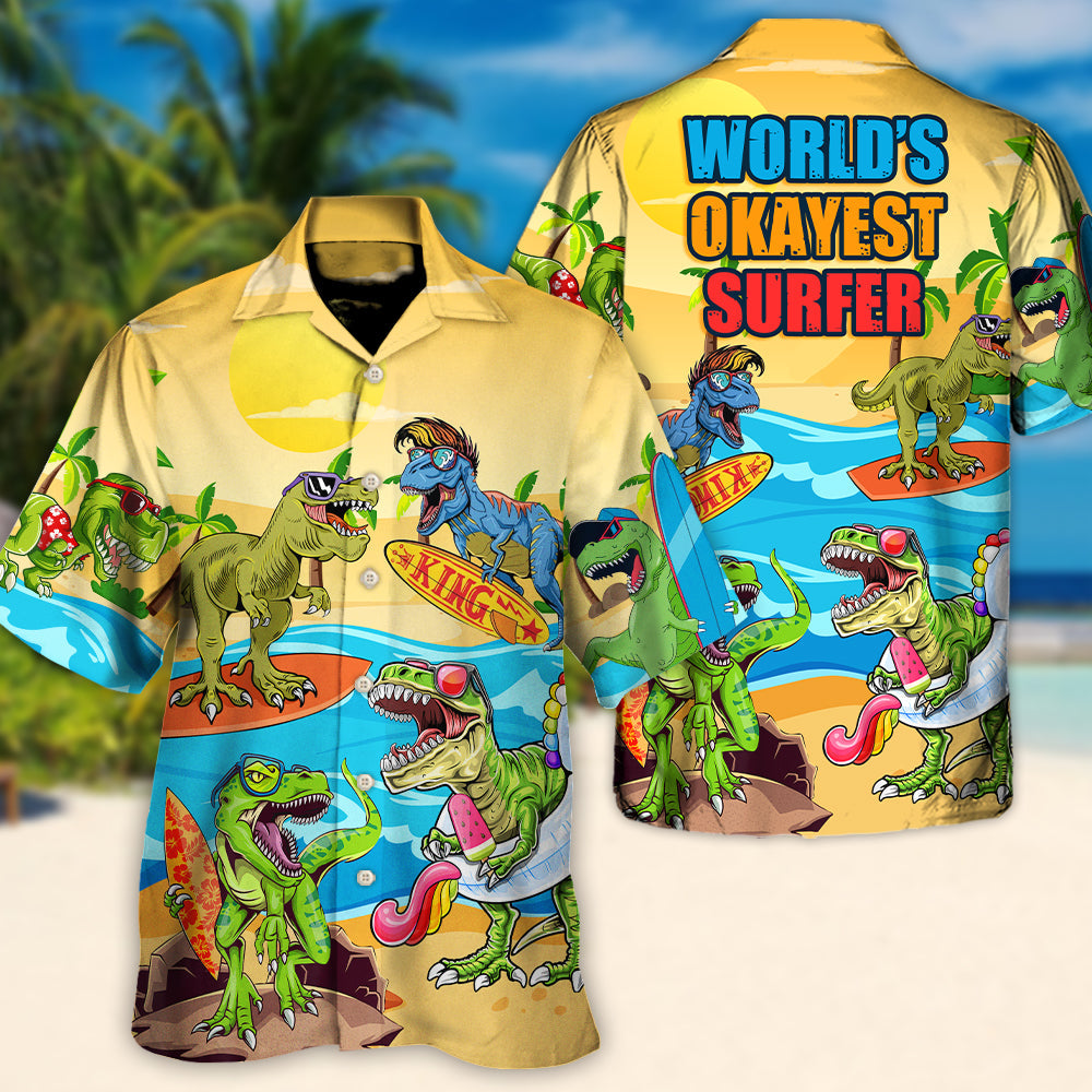 Funny Surfing Dinosaur Hawaiian Shirt Detailed Pattern View For Beach Days