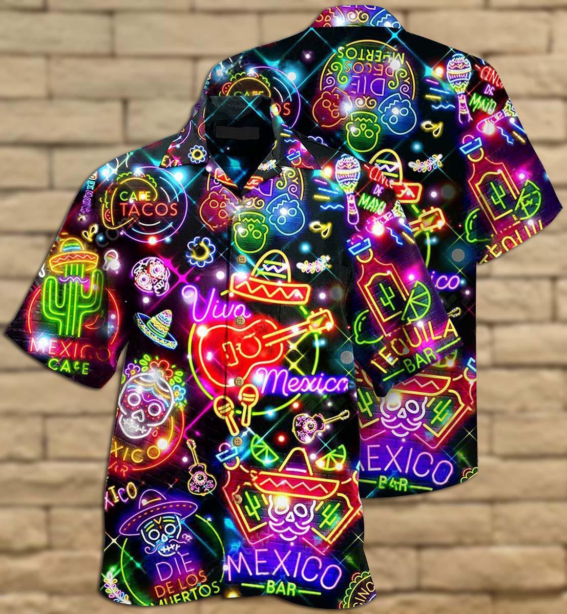 Neon Mexico Hawaiian Shirt Design View For Casual Summer Styling