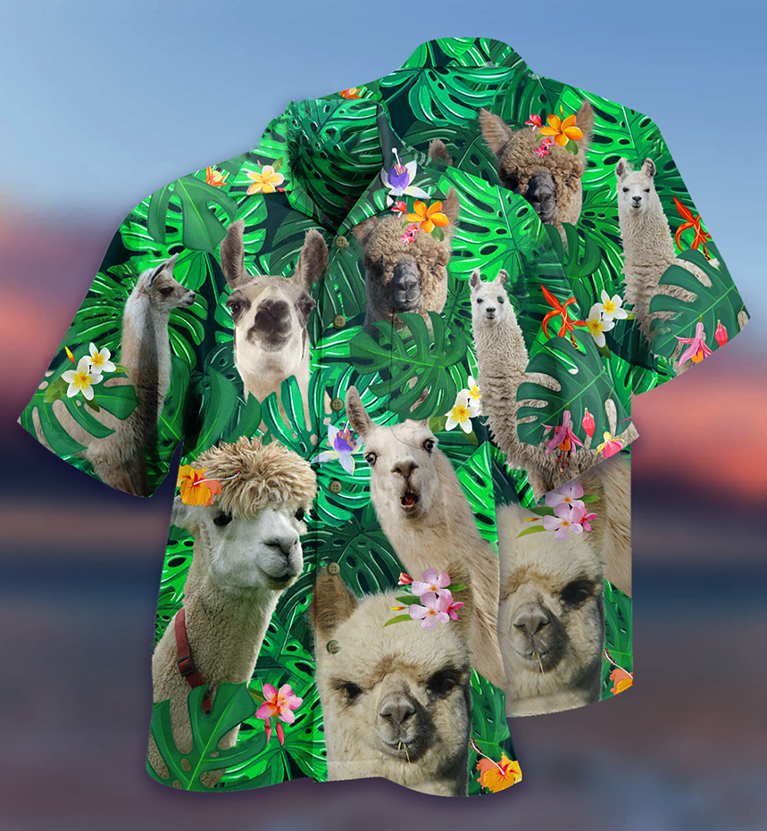 Cute Green Llama Hawaiian Shirt With Detailed Graphic For Resort Travel Summer Outings And Casual Gatherings