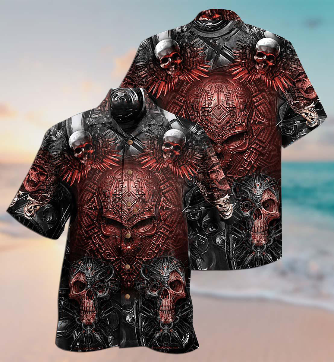 Skull Metal Angry Hawaiian Shirt Pattern Detail For Vacation Travel And Daily Wear