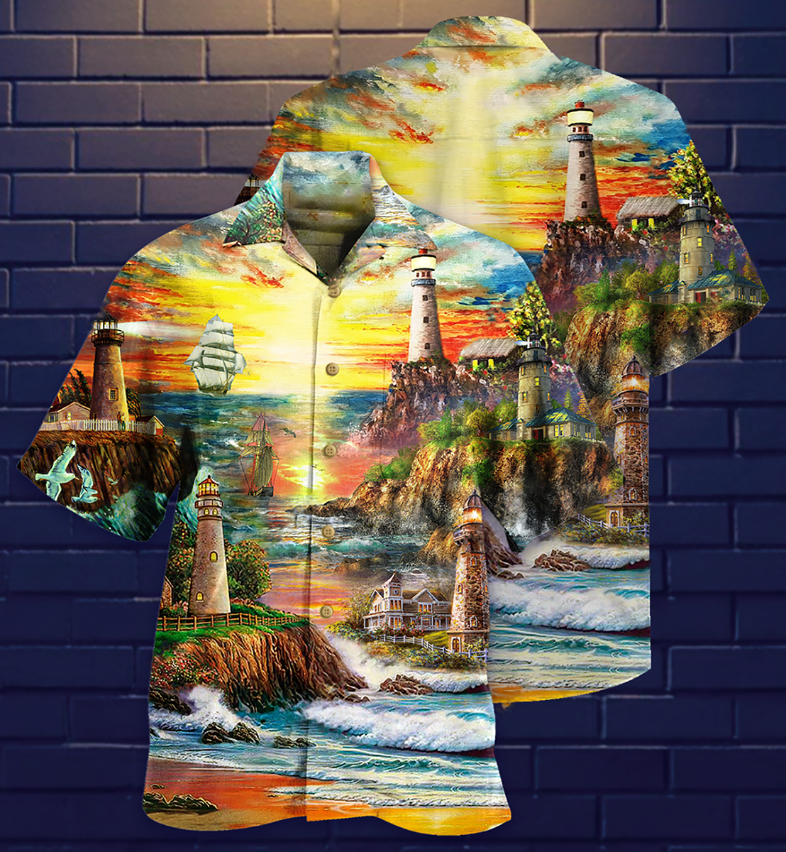 Lighthouse Ocean Hawaiian Shirt For Summer Events And Casual Outdoor Wear
