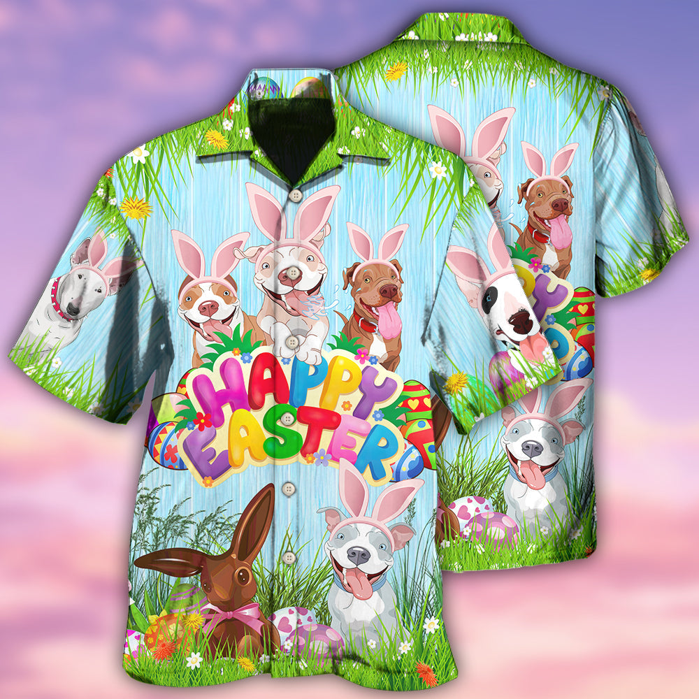 Playful Easter And Pit Bull Hawaiian Shirt With All Over Print For Summer Vacation Beach Travel And Casual Wear