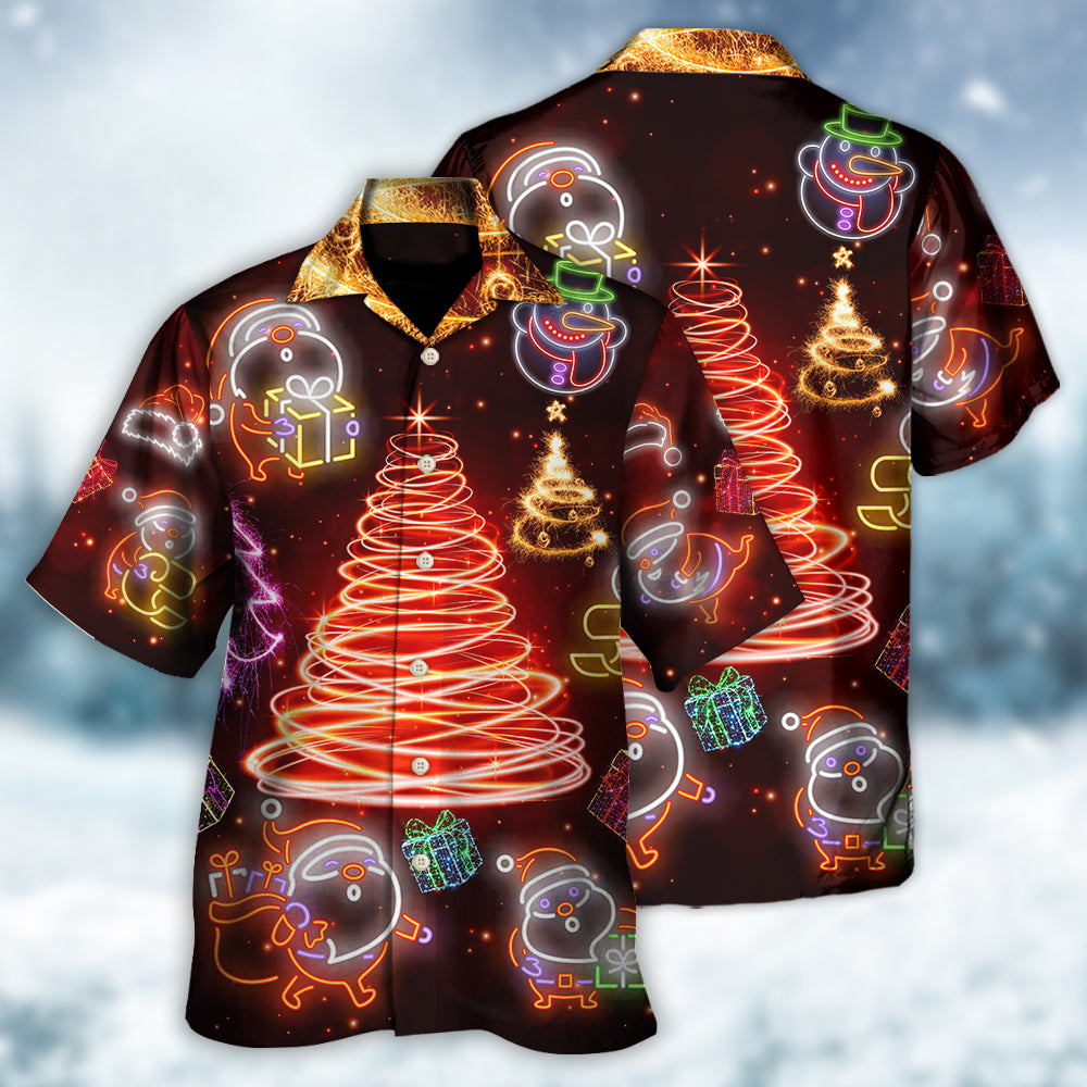 Funny Red Neon Santa Christmas Tree Hawaiian Shirt Artwork Detail For Resort Trips And Outdoor Activities