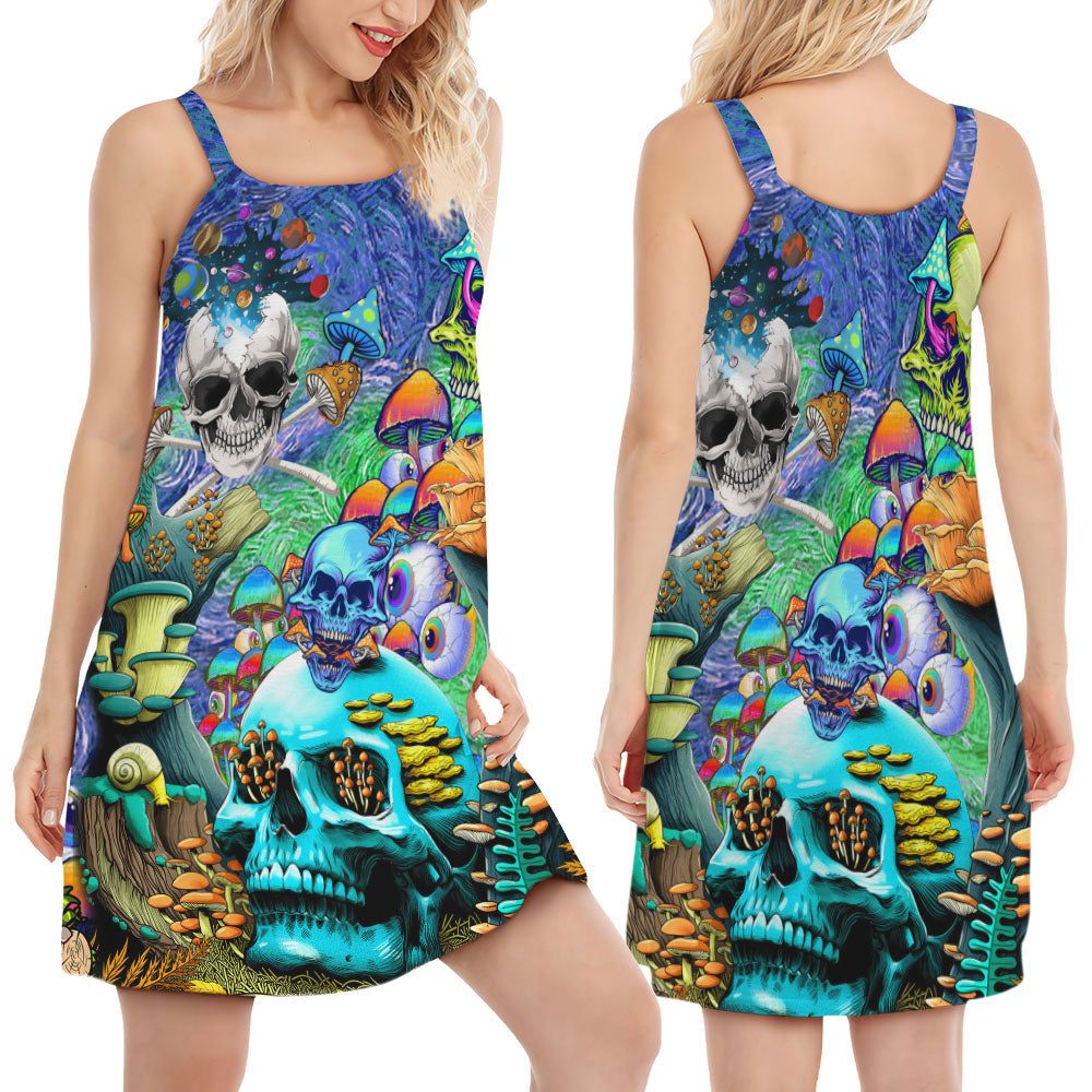 Hippie Skull Mushroom Spirit Skull Mushroom V-Neck Sleeveless Cami Dress For Vacations And Artistic Everyday Fashion