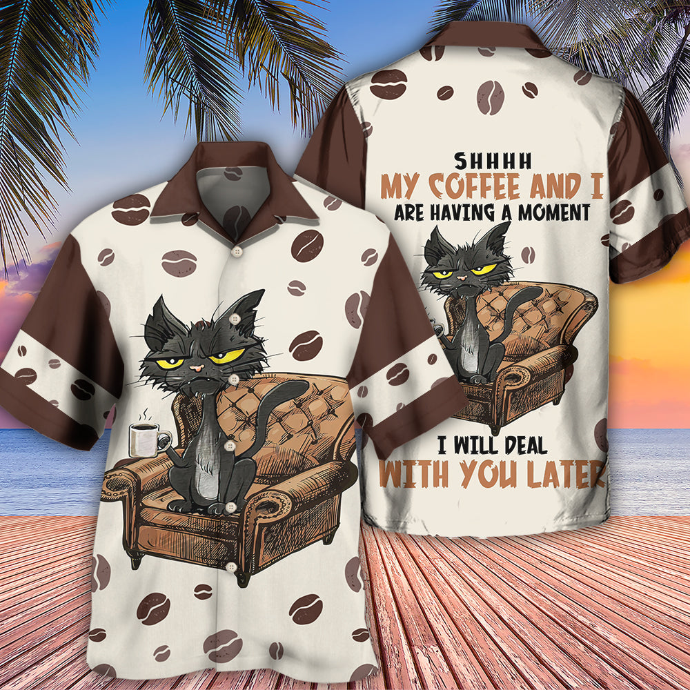 Black Coffee Cat Hawaiian Shirt Design View For Casual Summer Styling