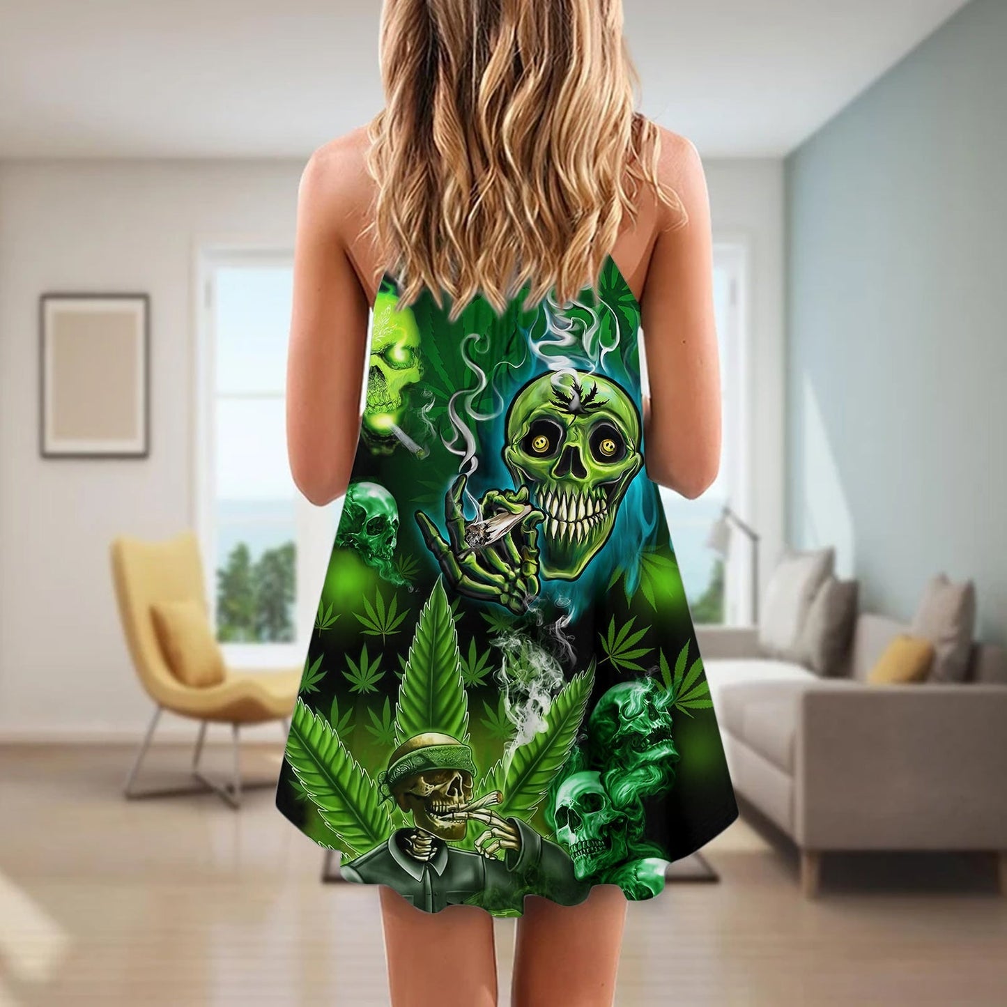 Skull High Smoke V-Neck Sleeveless Cami Dress For Halloween Gatherings And Casual Styling