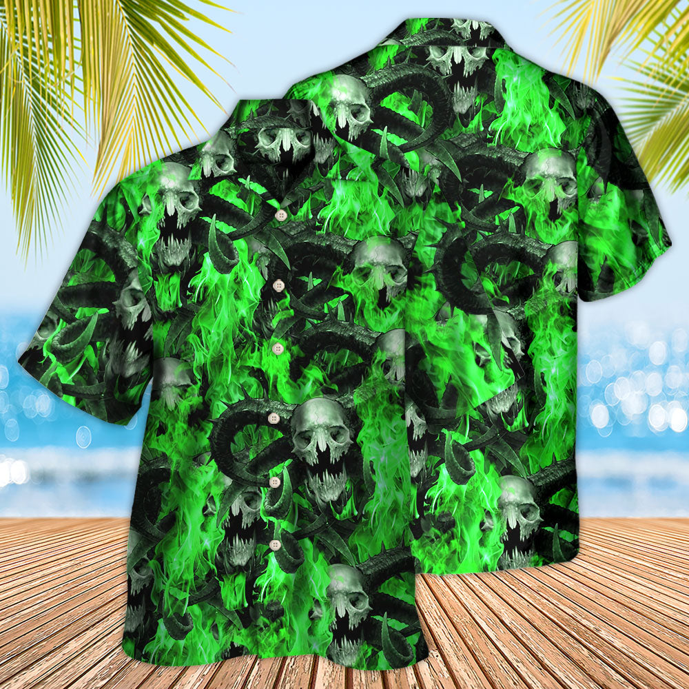 Green Skull Flame Burn Hawaiian Shirt Pattern Detail For Summer Holidays And Outdoor Fun
