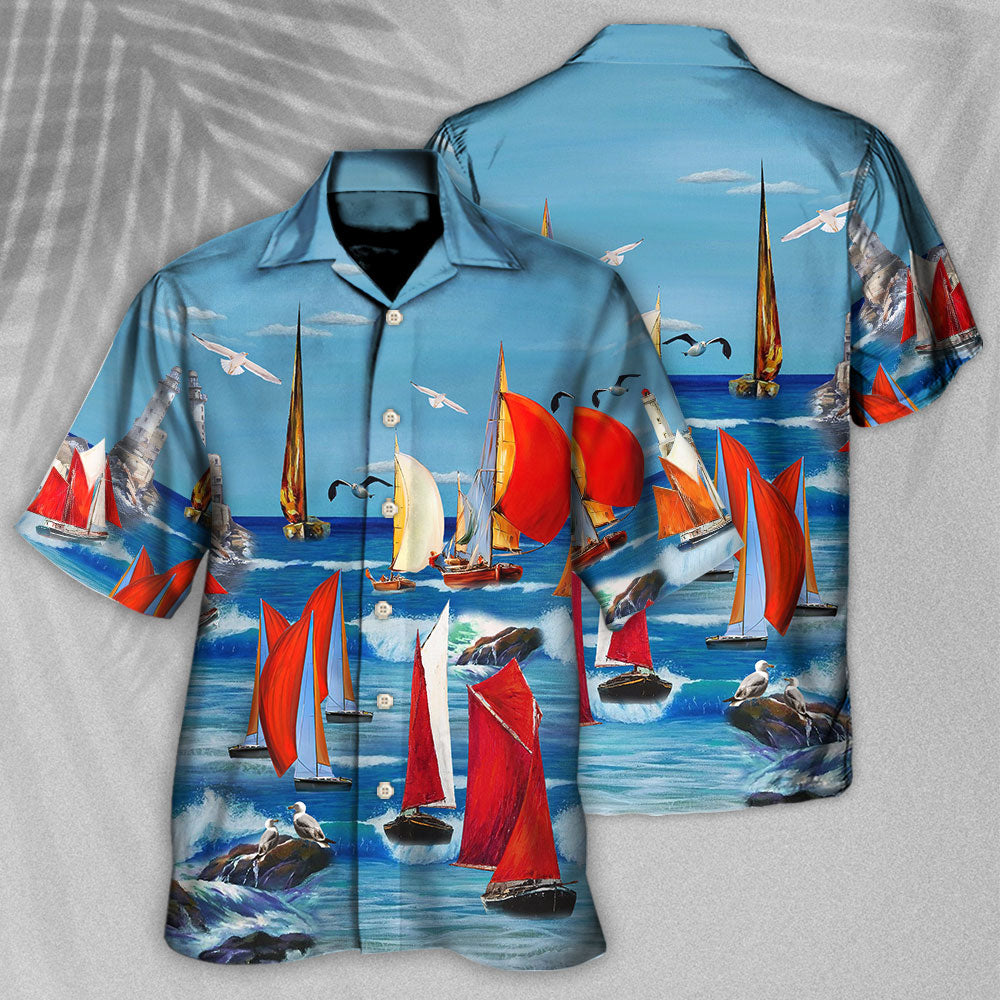 Colorful Blue Yacht Hawaiian Shirt With Detailed Graphic For Tropical Getaways Outdoor Fun And Everyday Wear