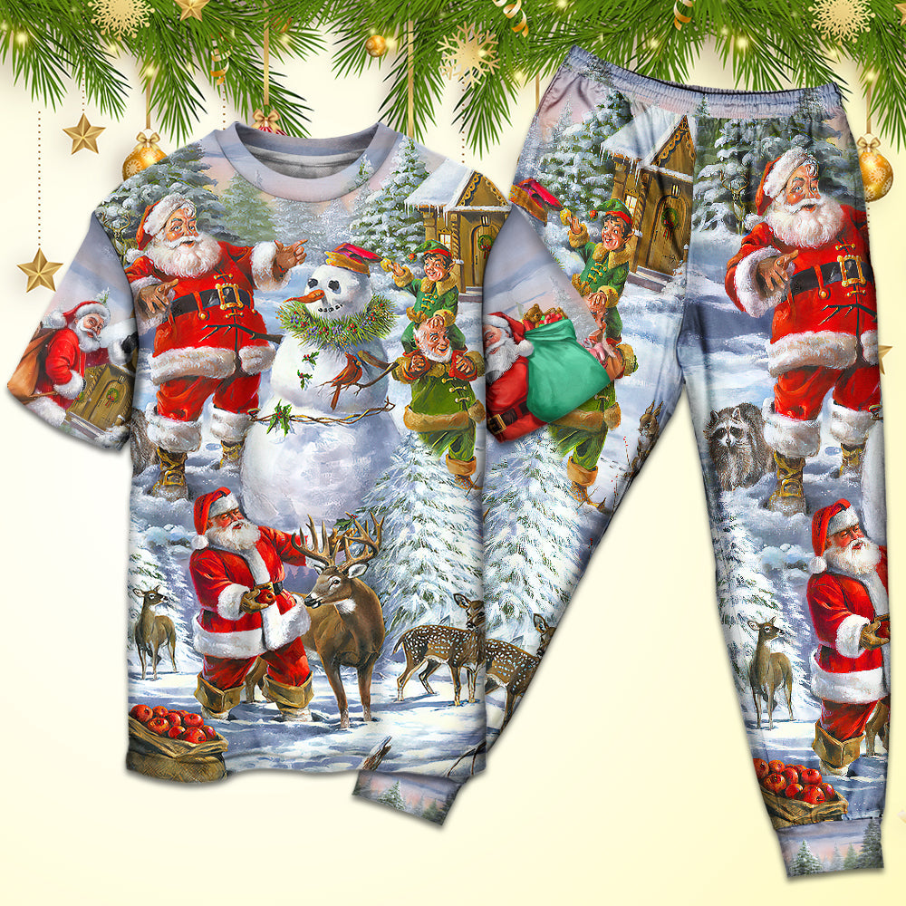 Happy Santa Snowman And Elf Short Sleeve Pajamas Set For Holiday Bedtime And Cozy Home Wear