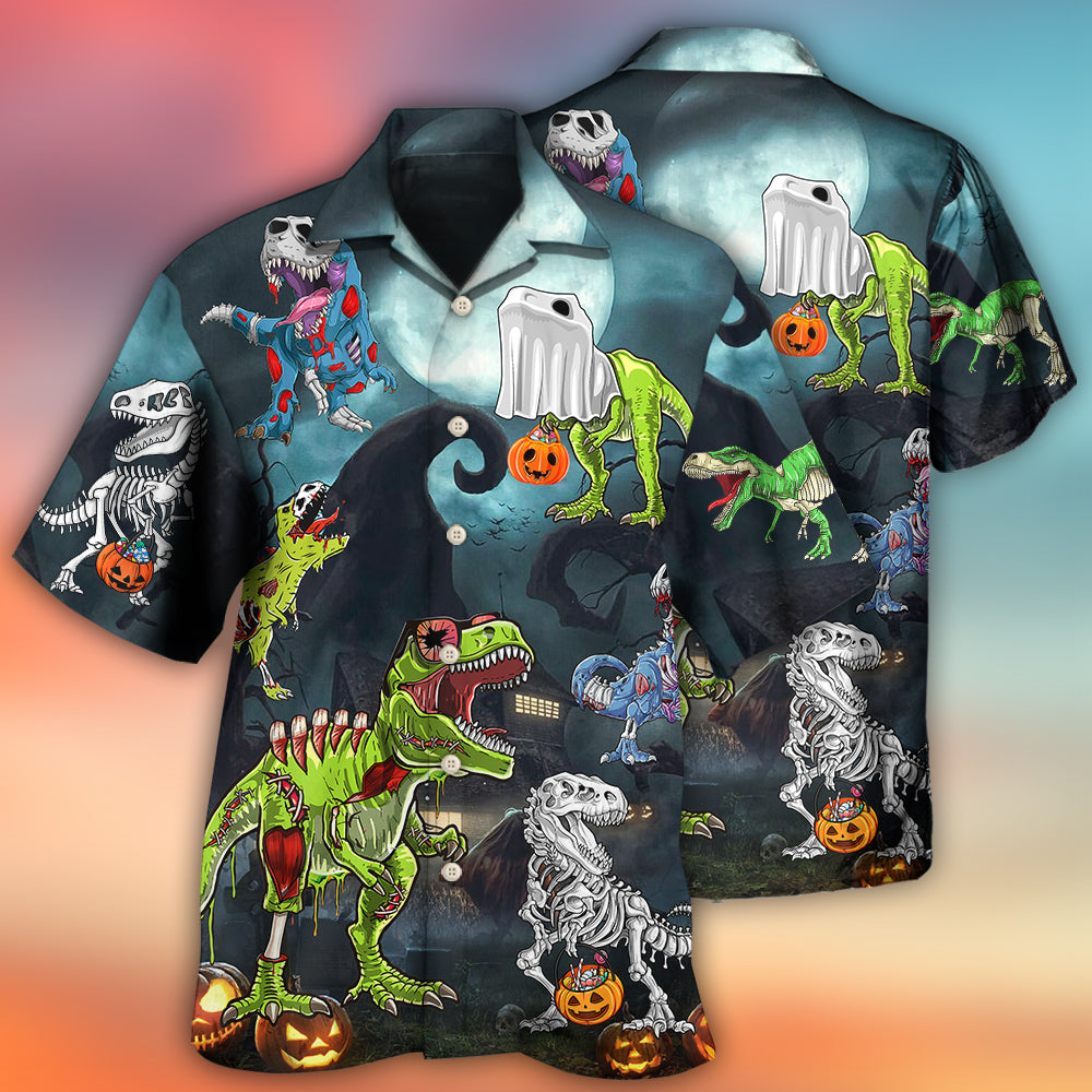 Halloween Spooky Zombie Dinosaur Hawaiian Shirt Design View For Coastal Travel